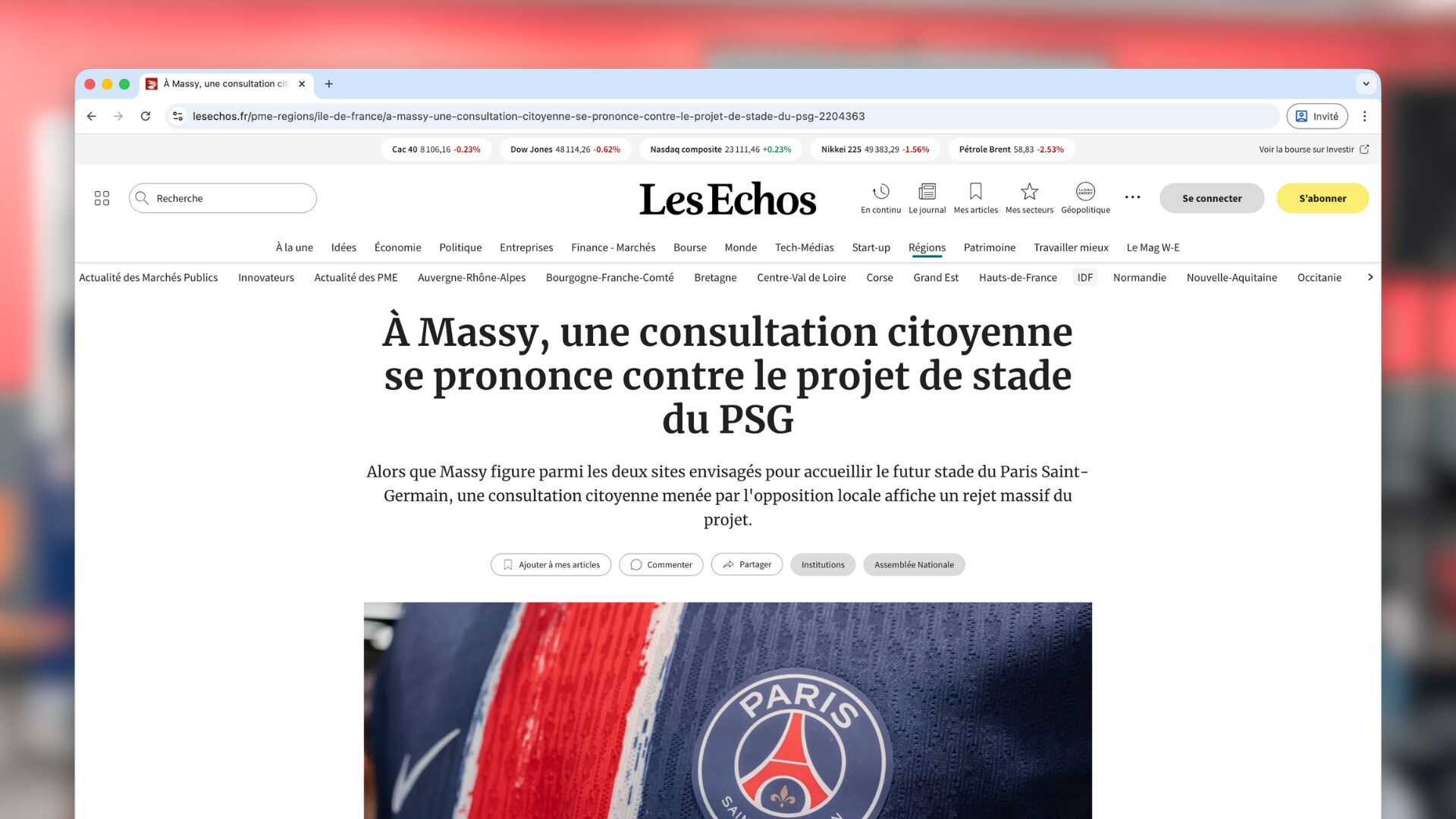 À Massy, une consultation citoyenne se prononce contre le projet de stade du PSG (Les Echos)